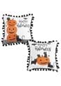 Two White Happy Halloween Pillows with Black Poms