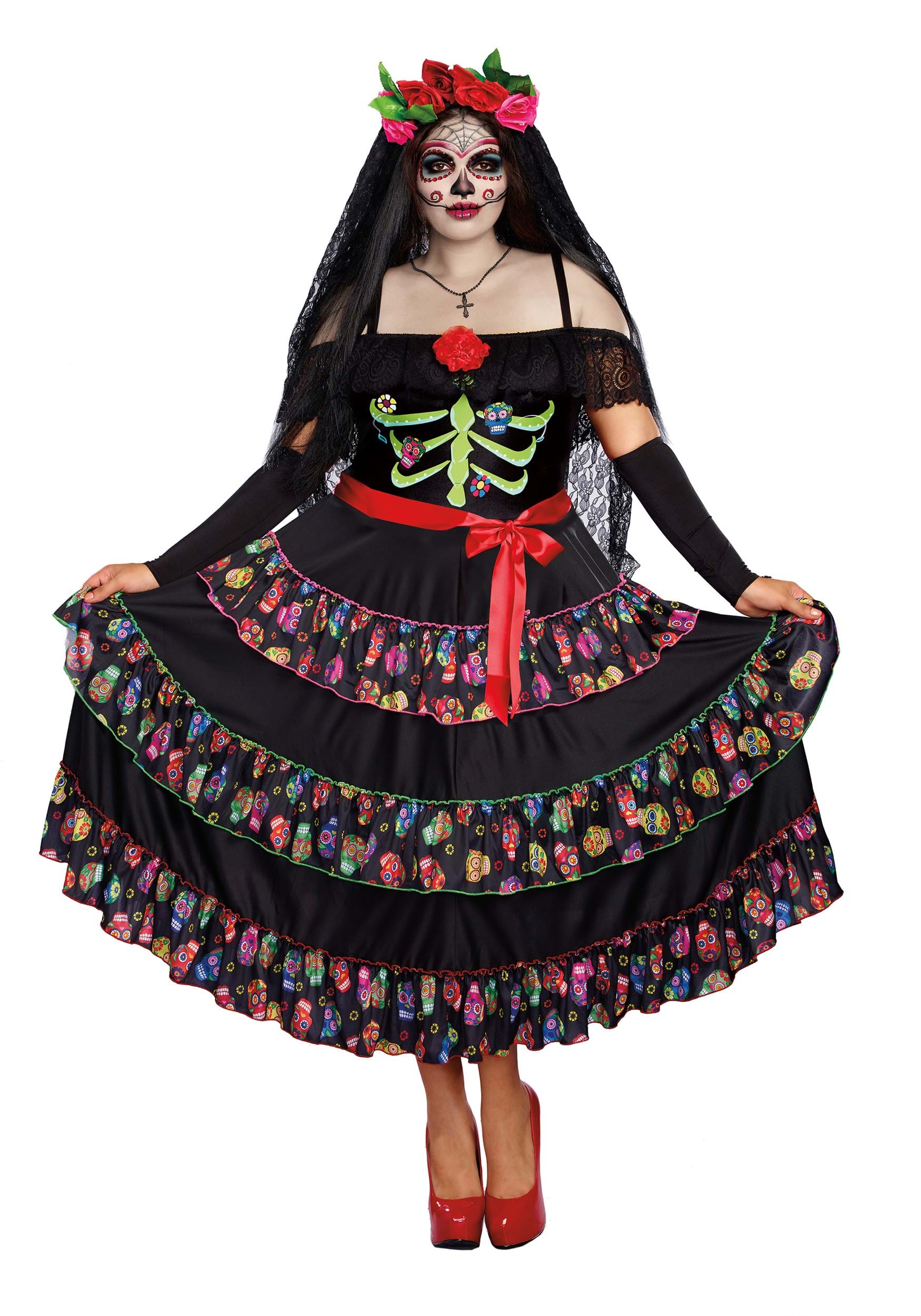 Day of the Dead Dia de los Muertos Costume Mexico Dress Halloween Women 1X/2X 