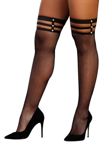 Fishnet Thigh High Stockings with Studded Straps