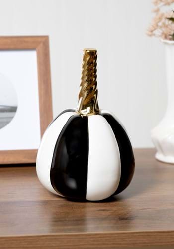 7" White and Black Striped Ceramic Pumpkin