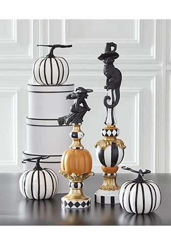 17-Inch Black White Orange and Gold Finial with Flying Witch Resin Decoration | Witch Decorations