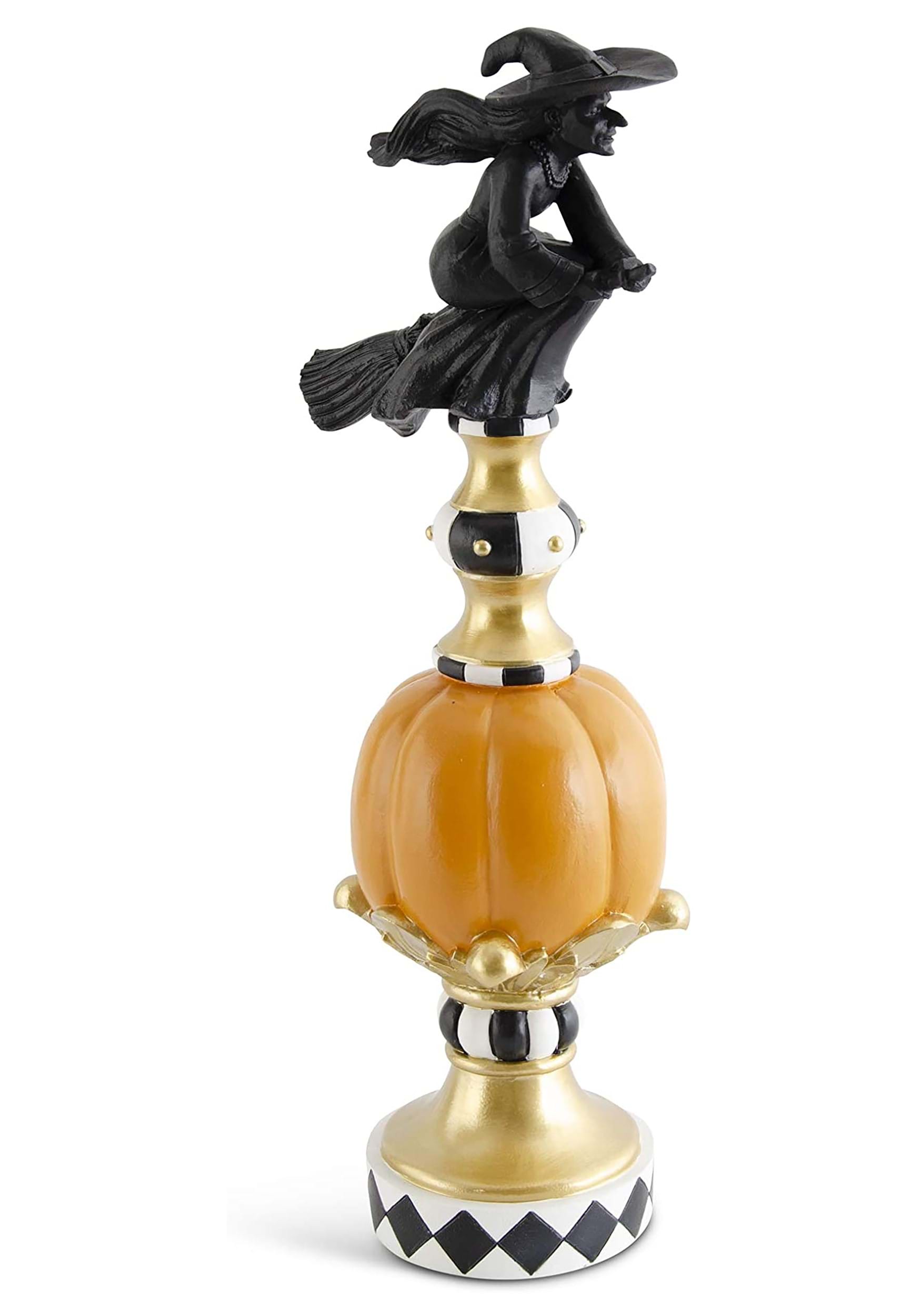 17" Resin Black White Orange and Gold Finial with Flying Witch Decoration