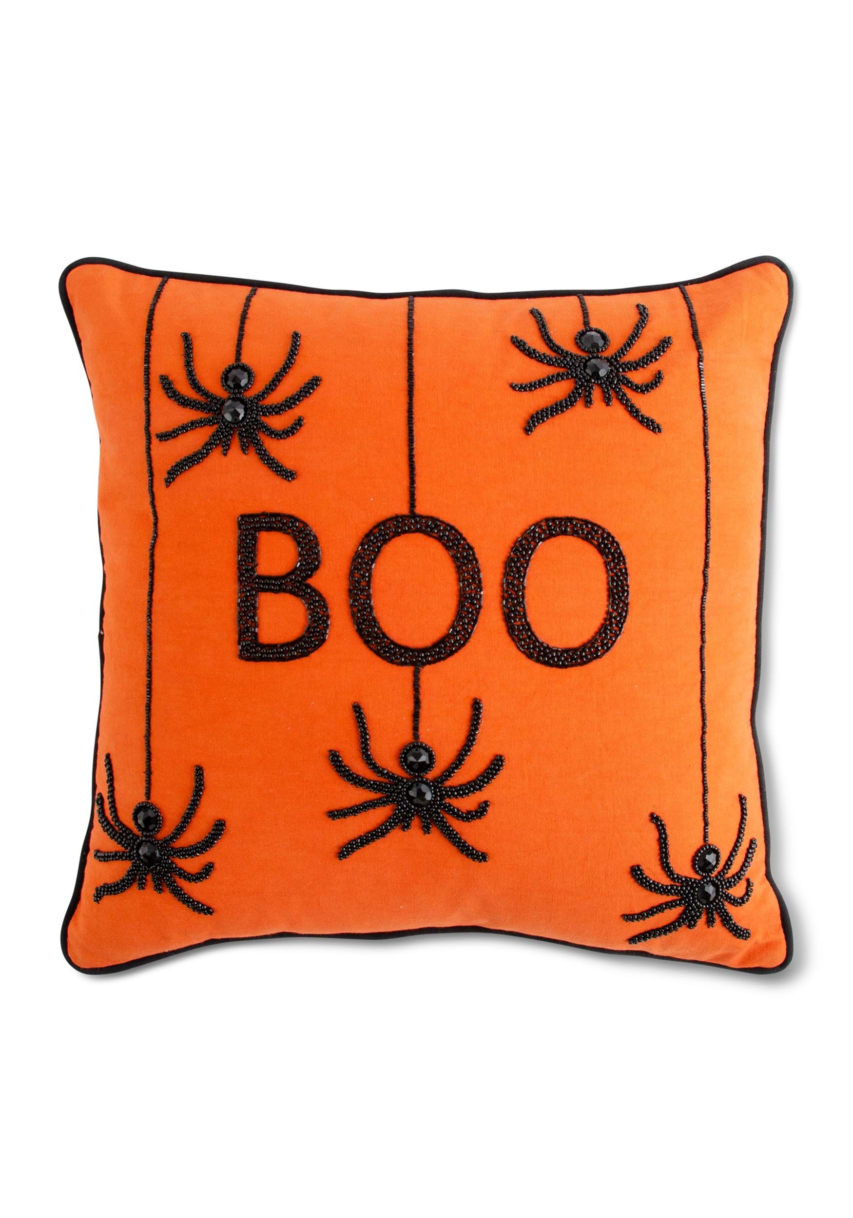18-Inch Orange Square Beaded BOO Pillow With Spiders