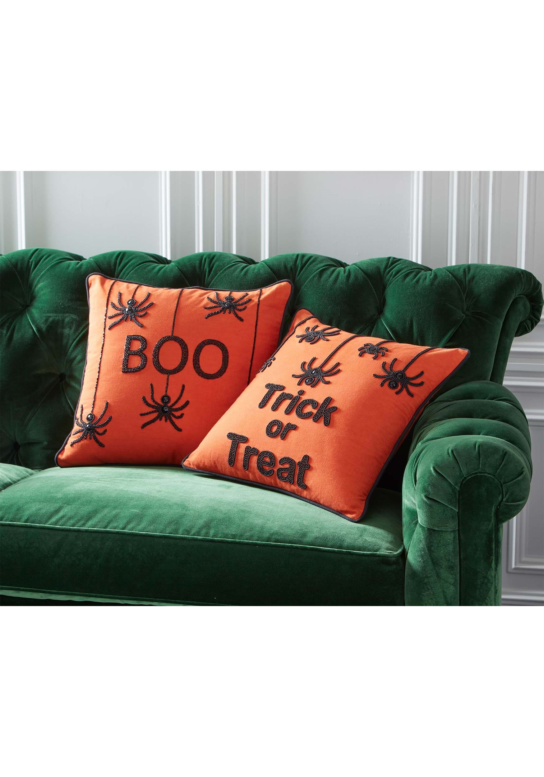 18-Inch Orange Square Beaded Trick Or Treat With Spiders Decorative Pillow