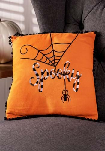 Orange Halloween Pillow with Black White Embroidery