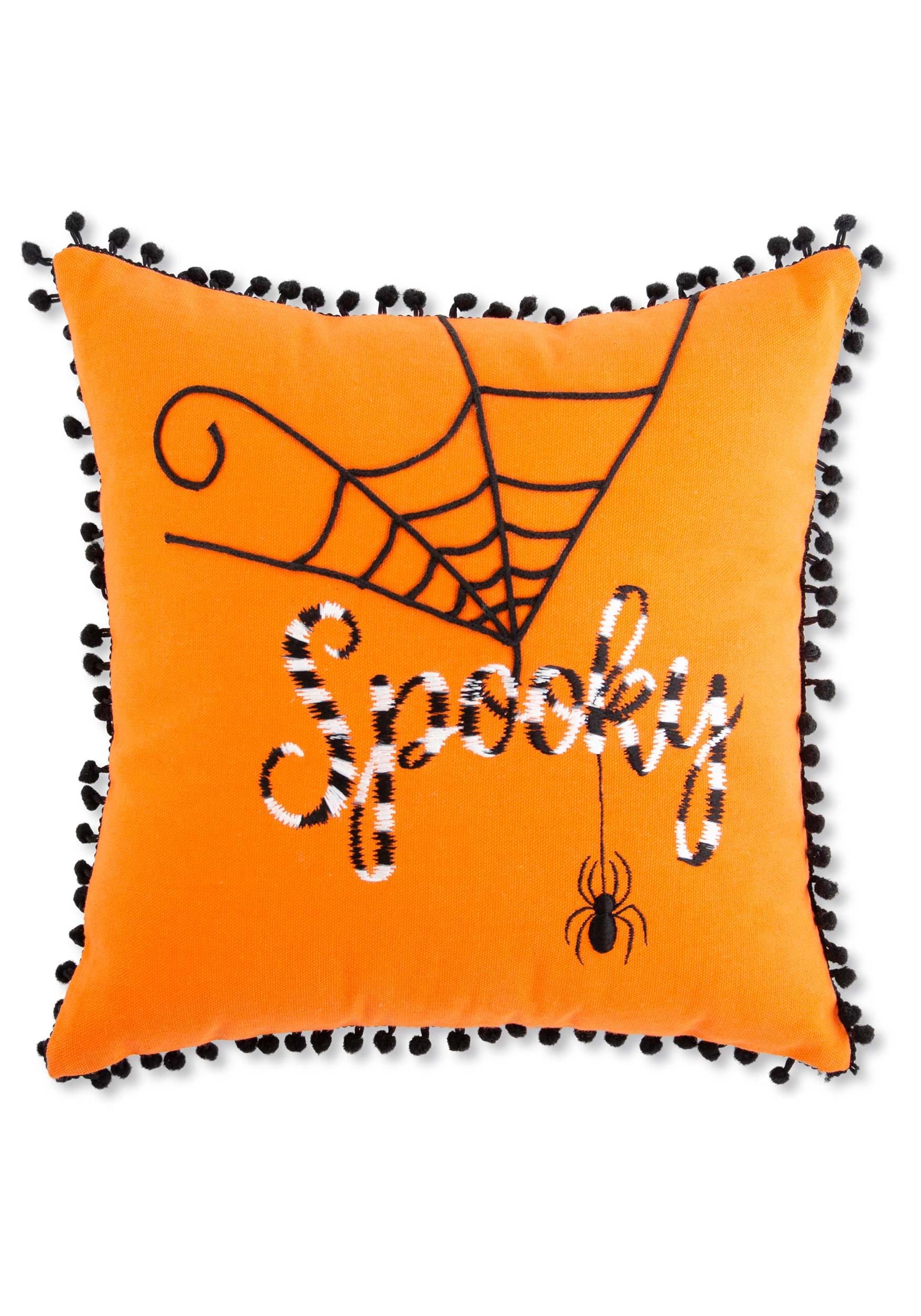 12" Orange Decorative Halloween Pillow with Black and White Embroidery