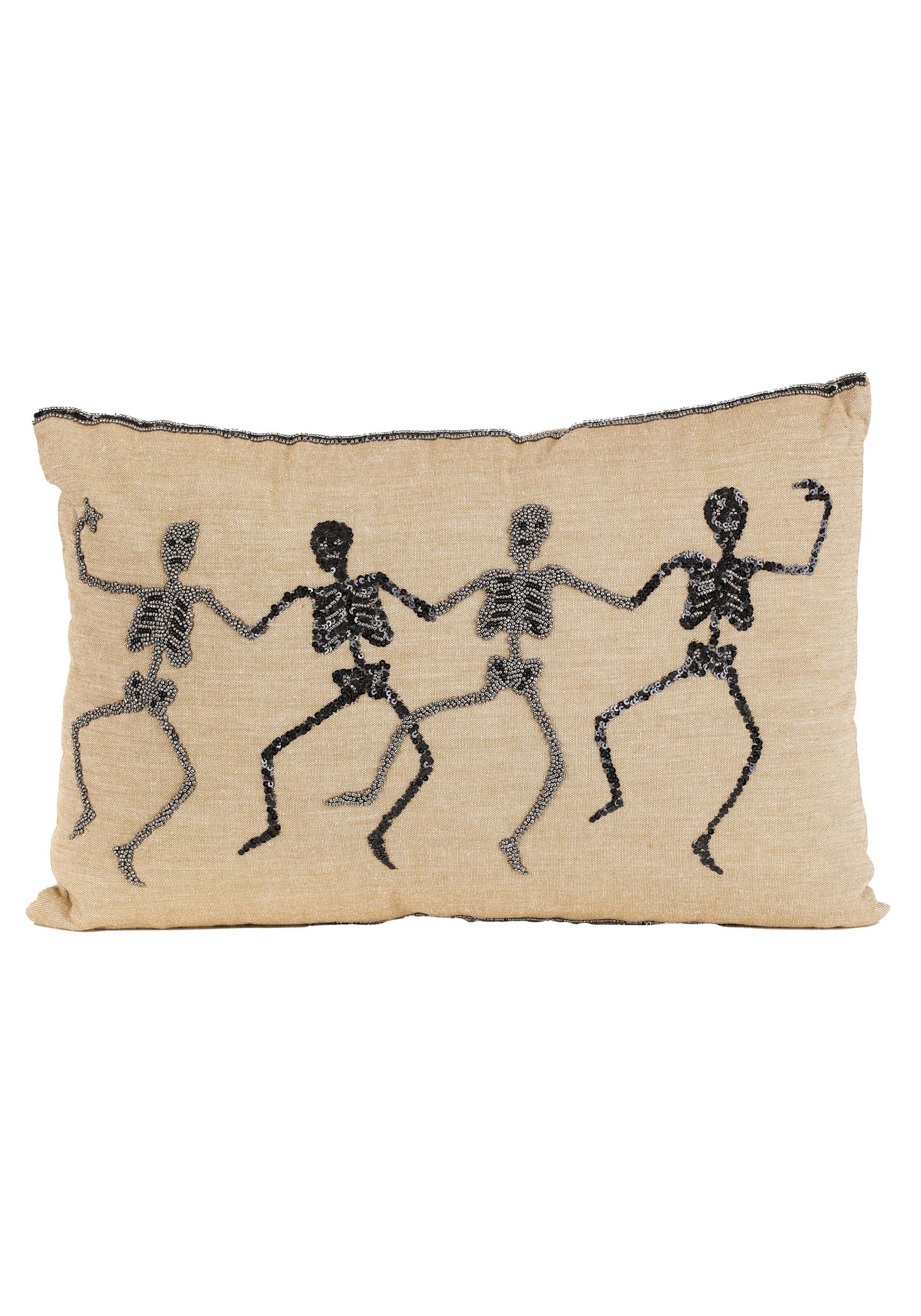 18 Tan Rectangle Decorative Halloween Pillow With Beaded Skeletons