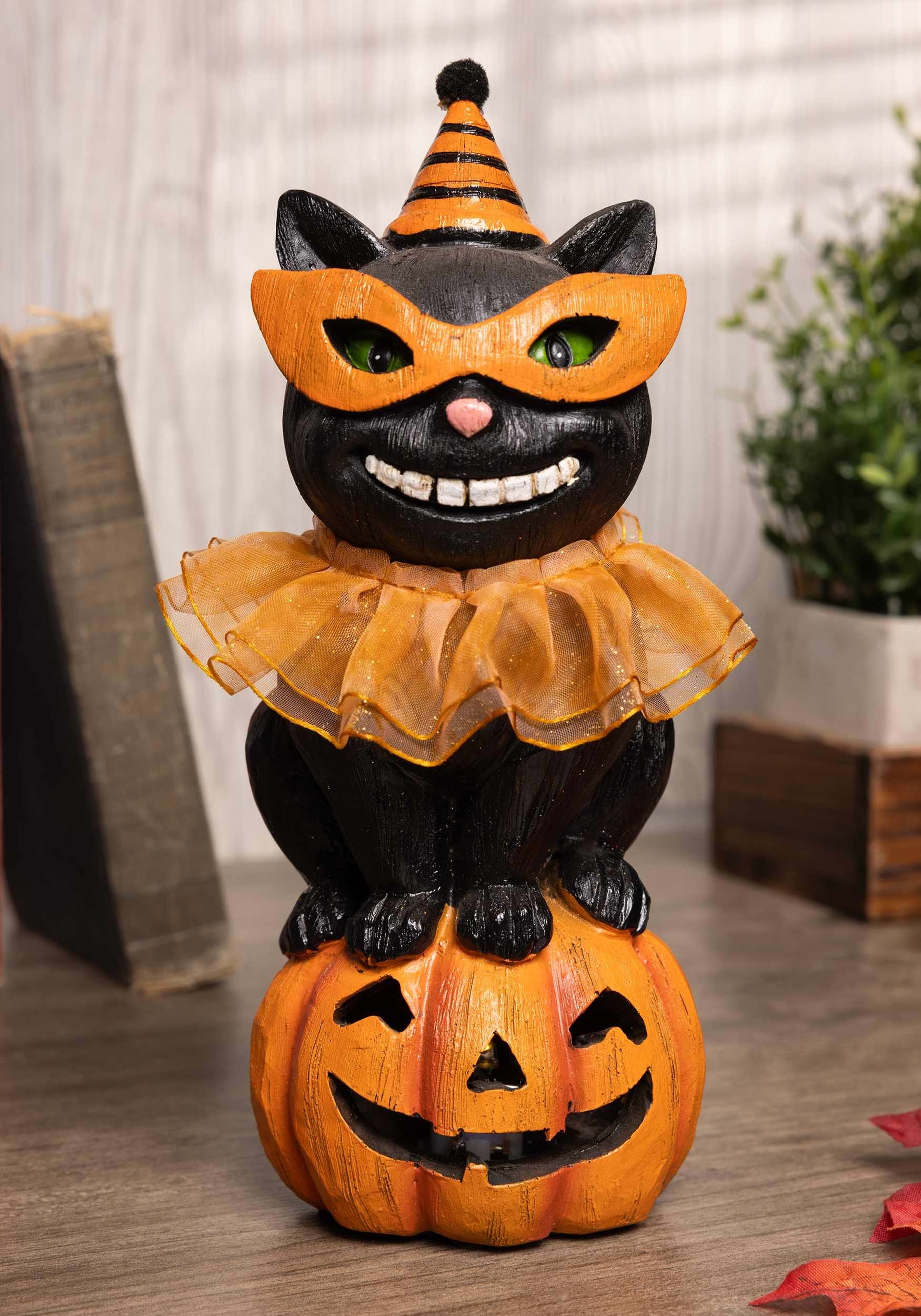 8-Inch Black Cat With Party Hat On LED Pumpkin Hallowen Decoration