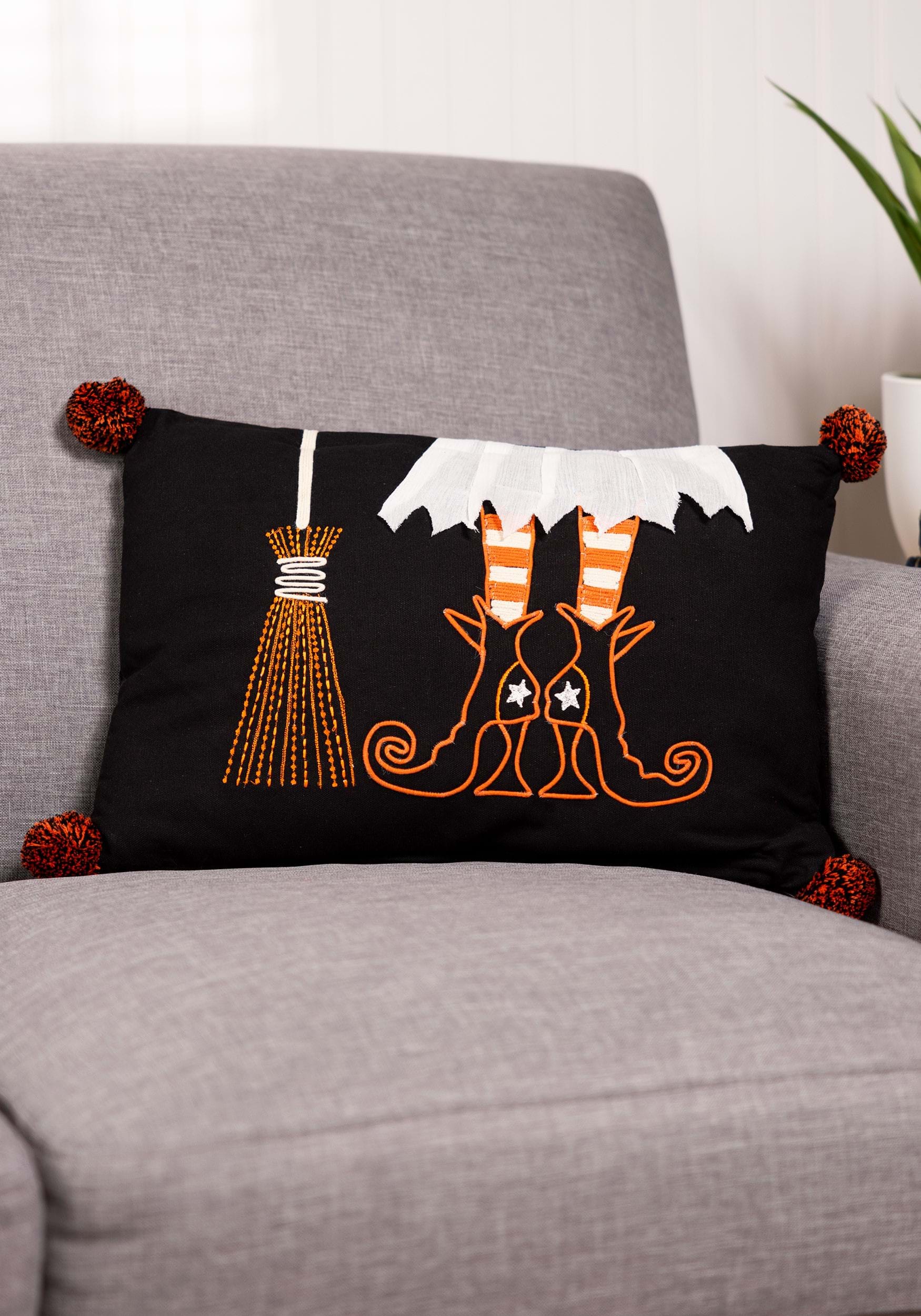 Rectangular Witch Boot And Broom Halloween Pillow Decoration