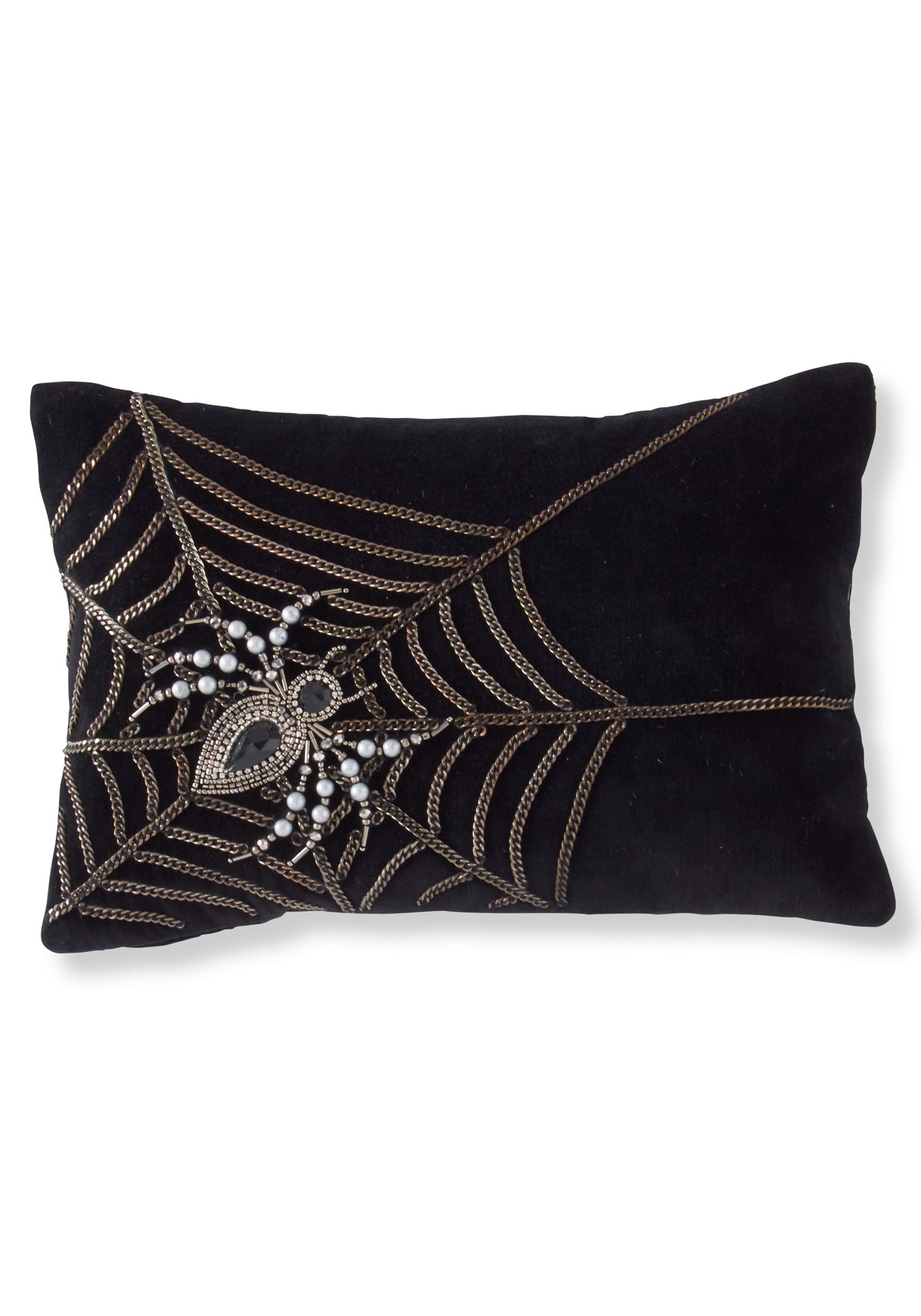 14 Black Velvet Pillow With Chain Web And Beaded Spider