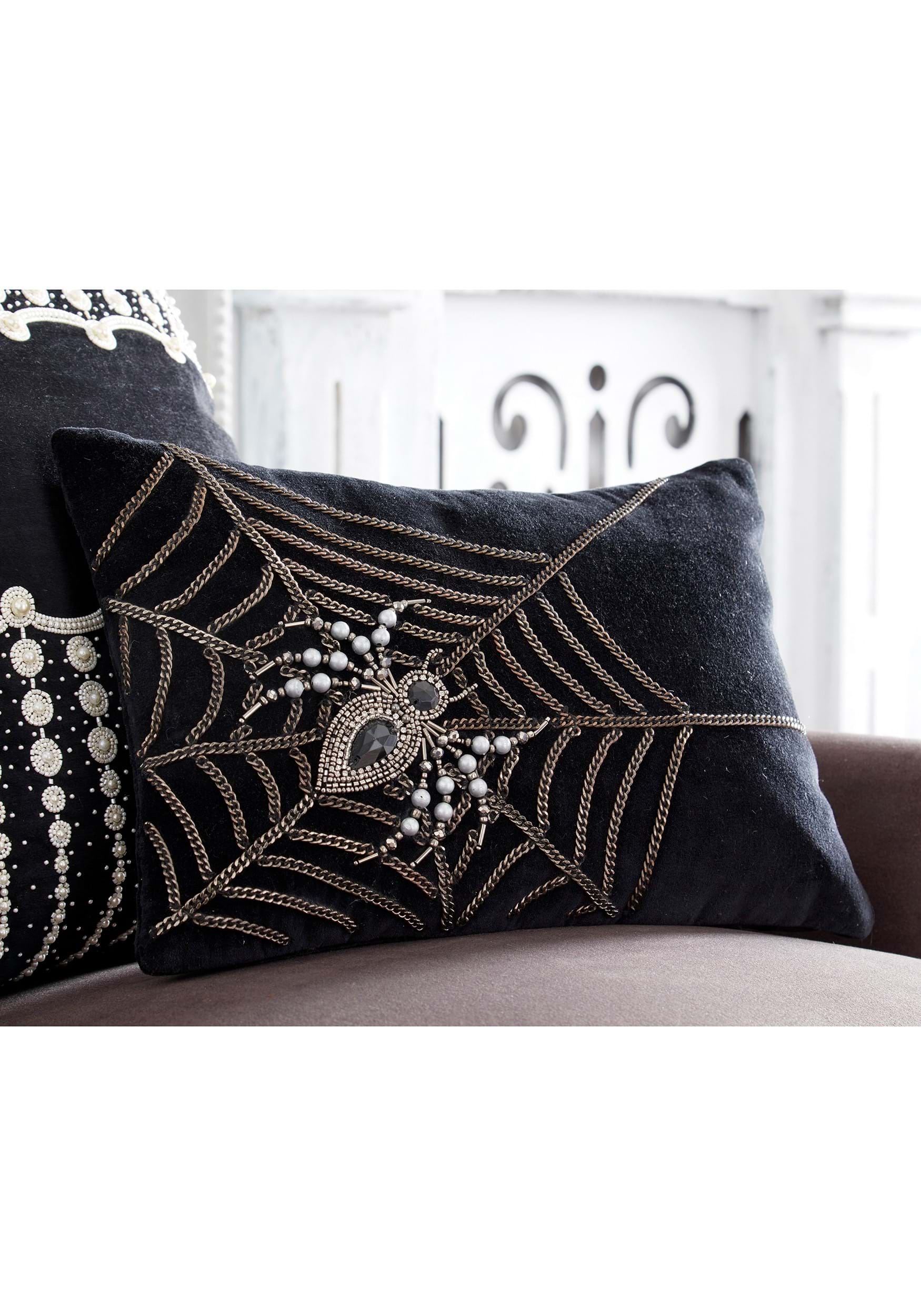 14 Black Velvet Pillow With Chain Web And Beaded Spider