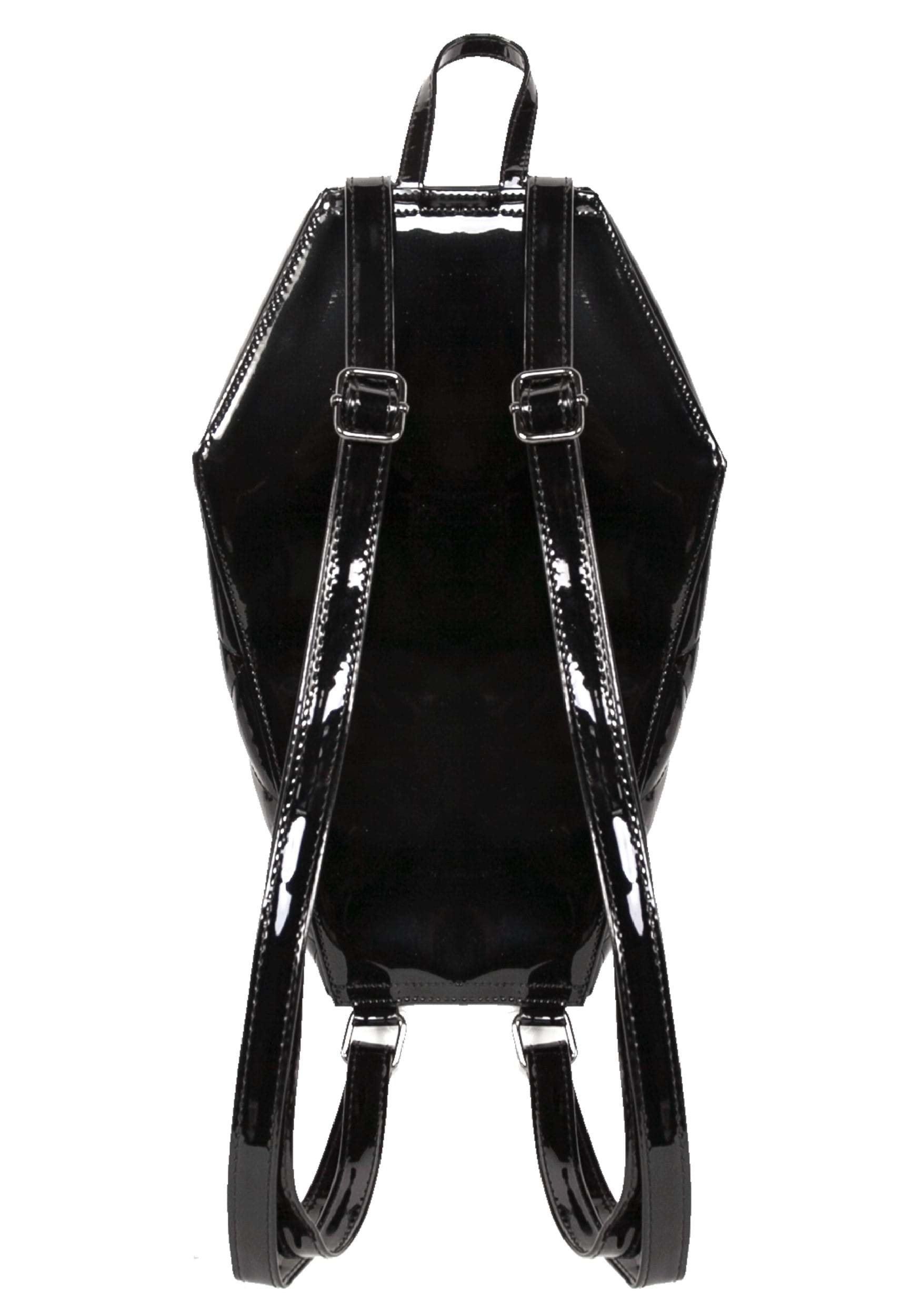 Bat Studded Quilted Faux Patent Coffin Black Backpack