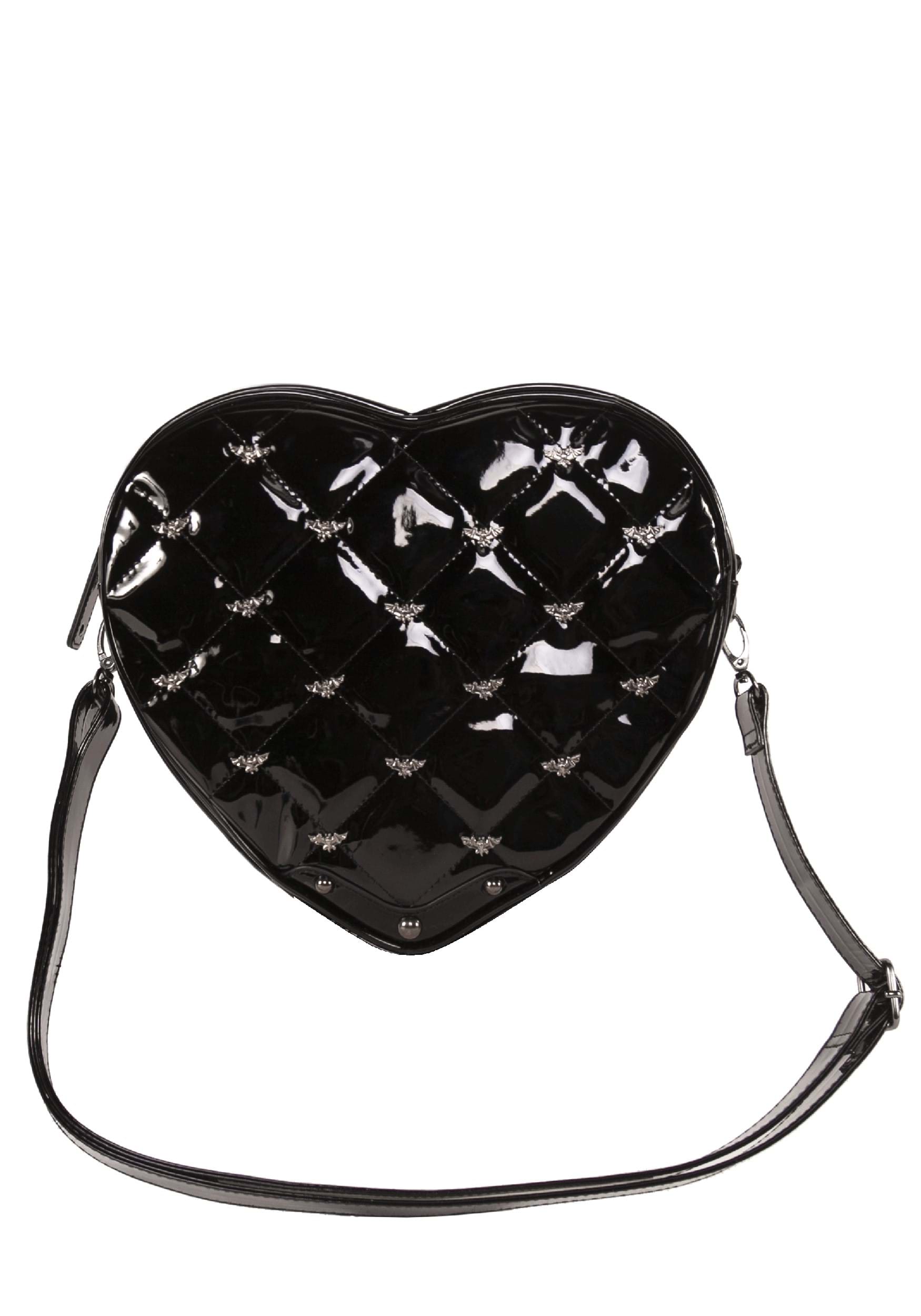 Bat Studded Quilted Faux Patent Heart Purse