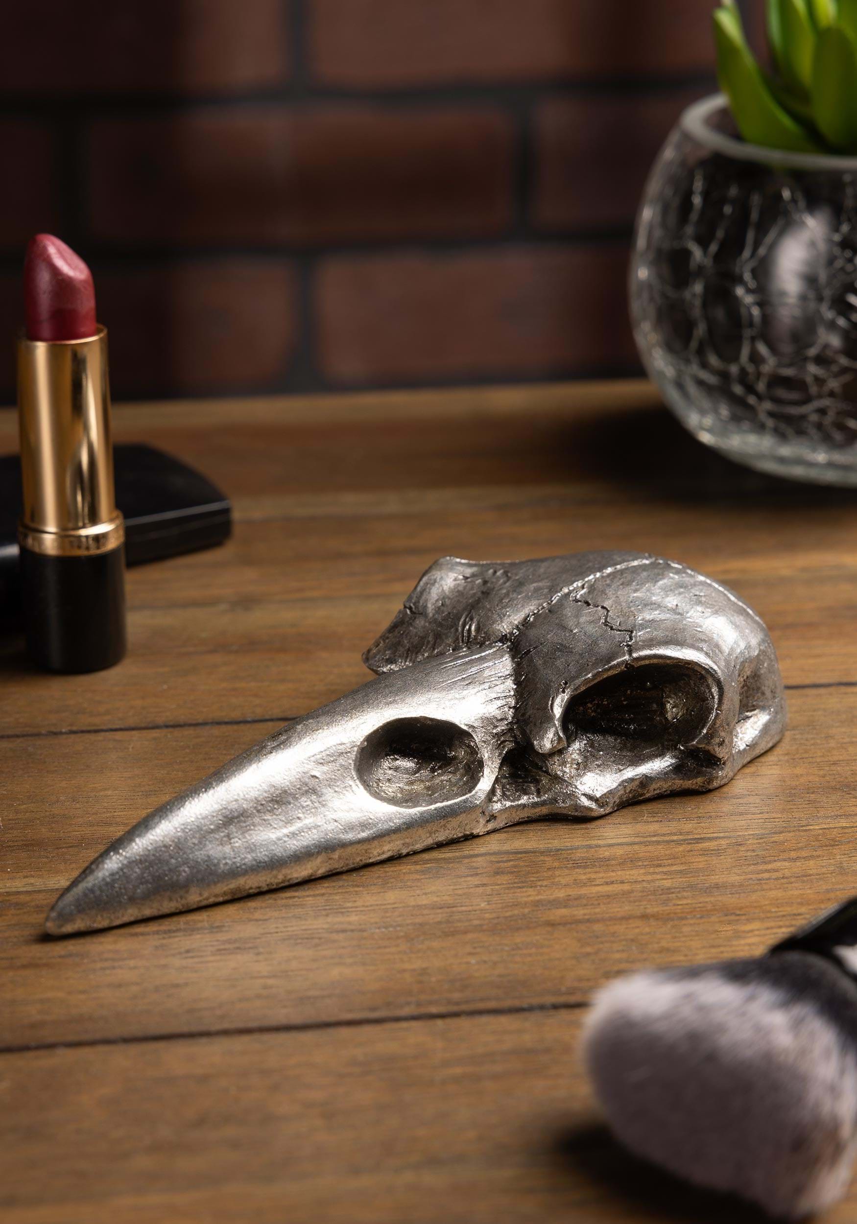 Gothic Silver Raven Skull Hand Mirror Halloween Decoration