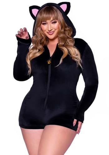 Womens Plus Size Plush Black Cat Romper Costume