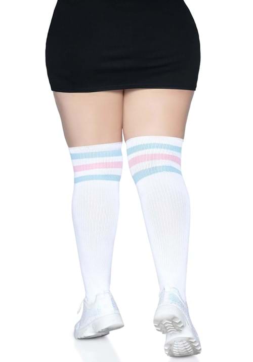 Women's Plus White Athletic Socks with Pink and Blue Knee High Stripe Socks