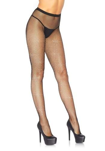 Womens Iridescent Rhinestone Black Fishnet Tights