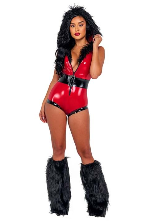 Women's Sexy Santa Helper Black Faux Fur Trim Attached Hood Red Vinyl Bodysuit