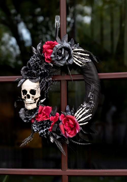 18 Inch Black Skull Wreath with Hands and Roses
