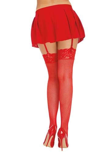 Red Thigh High Fishnet Adult Stockings with Lace Top | Thigh High Tights