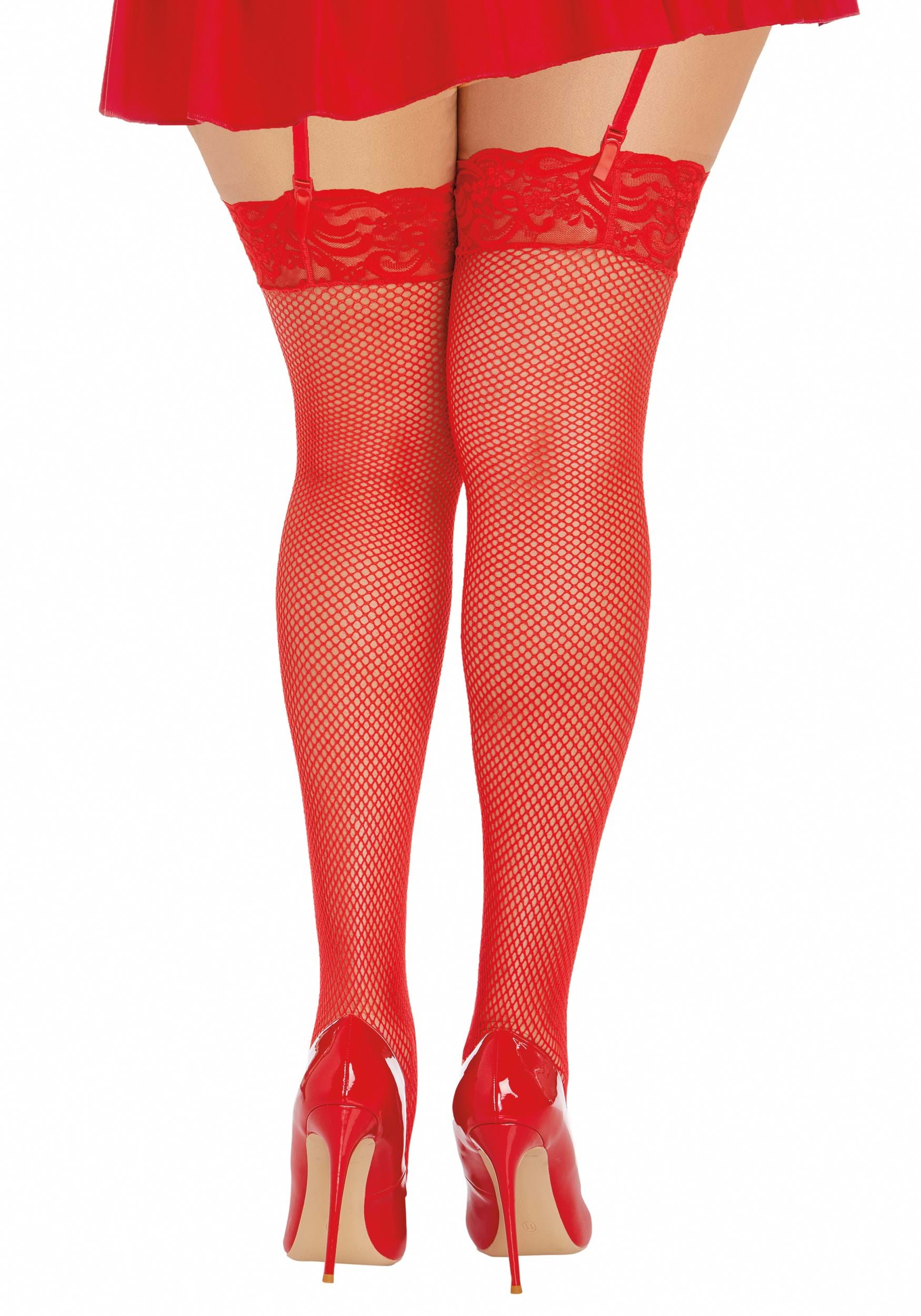 Plus Size Red Women's Thigh High Fishnet Stockings with Lace Top