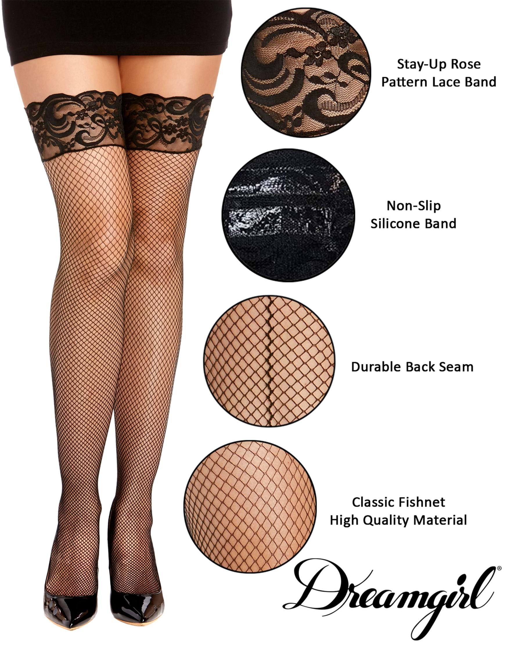 Women's Black Fishnet Thigh High Stockings With Top Lace & Back Seam