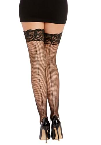 Women's Black Fishnet Thigh High Stockings with Top Lace & Back Seam