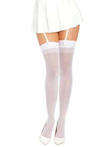 Womens White Thigh High Stockings with Back Seam