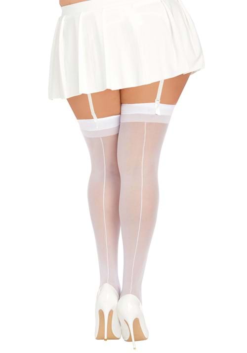 Womens Plus Size White Thigh High with Back Seam