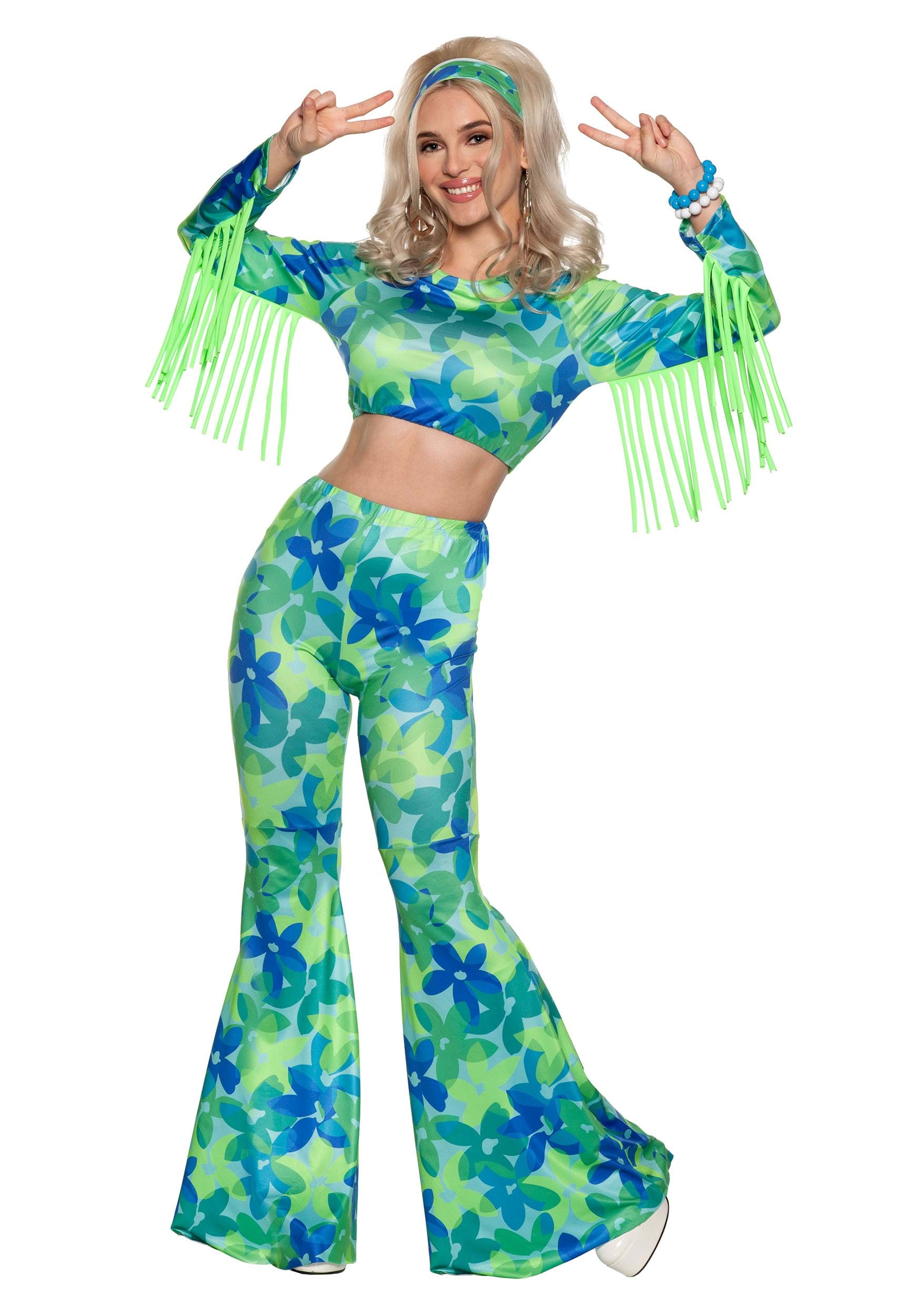 60s Costumes: Hippie, Go Go Dancer, Flower Child, Mod Style Green and Blue Flower Power Costume for Women  Hippie Costumes $34.99 AT vintagedancer.com