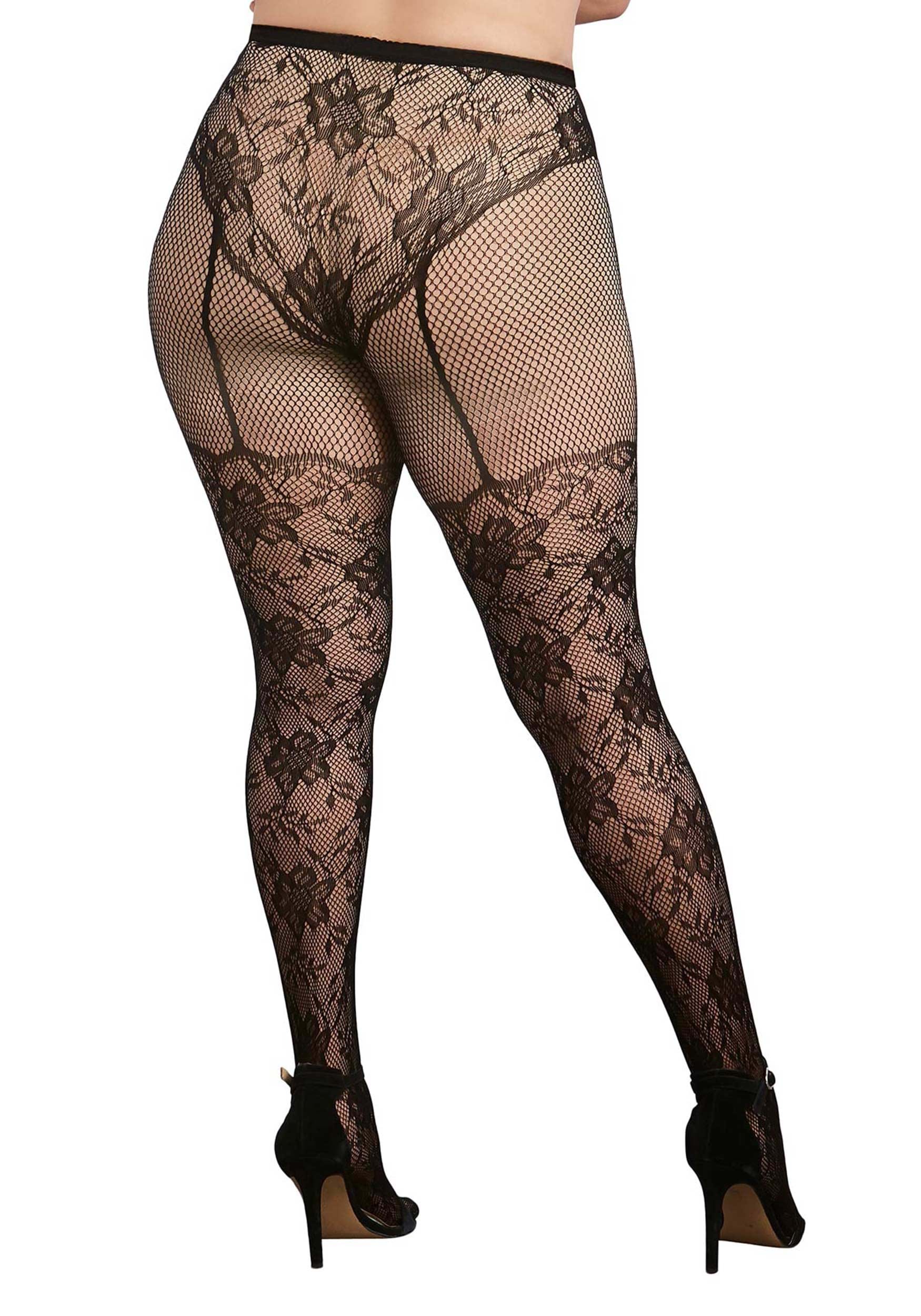 Black Lace Fishnet Pantyhose With High-Waisted Lace Panty And Thigh High Design