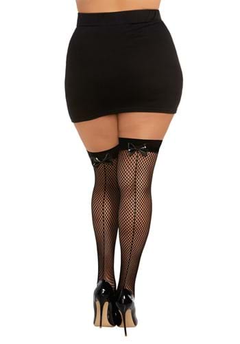 Plus Size Diamond Net Fishnet Thigh High Stockings, Black with Back Seam and Vinyl Bow