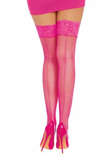 Hot Pink Thigh High Women's Fishnet Stockings with Silicone Lace Tops and Back Seam
