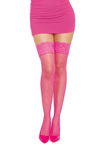 Women's Hot Pink Lace Top Thigh High Fishnet Stockings