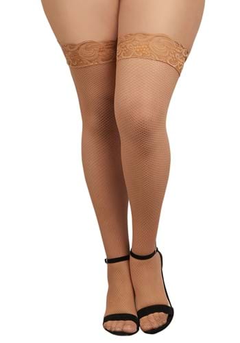 Plus Size Beige Lace Top Thigh High Fishnet Stockings