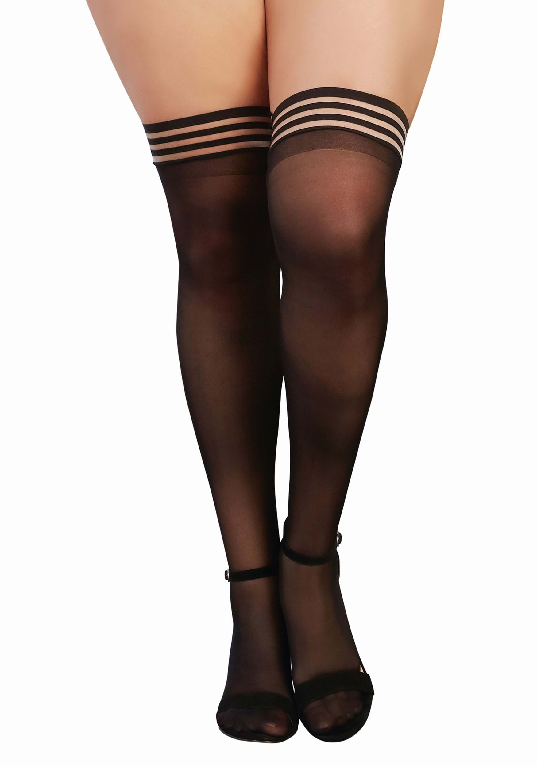 Women's Plus Size Black Sheer Thigh High Stockings with Striped