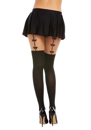 Women's Beige Pantyhose With Black Knitted Thigh High and Bow Suspender Detail
