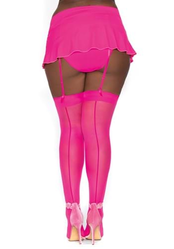 Women's Plus Hot Pink Sheer Thigh High Nylon Stockings with Comfort Lace Top