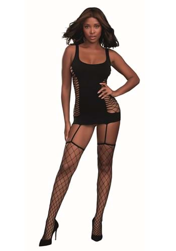 Womens Black Opaque Diamond Net Garter Dress
