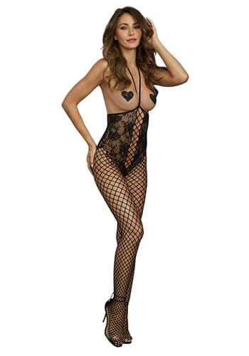 Womens Black Lace Open Cup Body Stocking