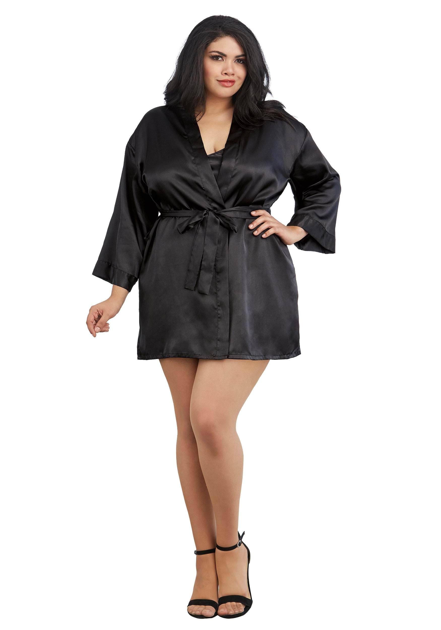 Plus Size Women's Black Charmeuse Chemise And Robe , Adult Lingerie