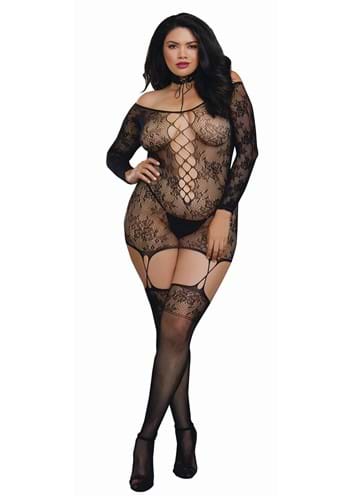 Women's Black Lace Print Fishnets with Faux Panty