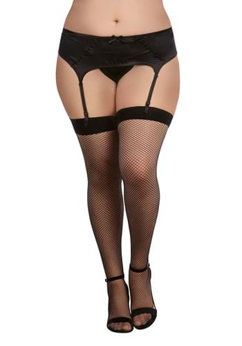 Women's Plus Black Fishnet Thigh Highs with Back Seam Bow