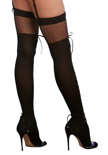 Women's Sheer Black Thigh High Stockings with Front Lace Up Detail and Comfort Lace Top Anti-Slip Elastic Band