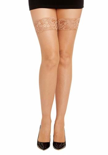 Women's Beige Fishnet Thigh High Stockings with Silicone Lace Top and Back  Seam