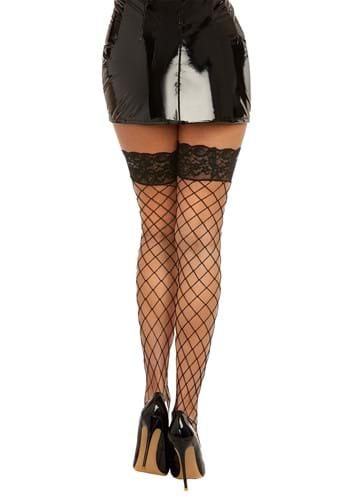 Women's Black Fence Net Thigh High Stockings with Black Scalloped Lace