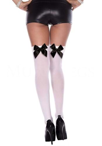 Opaque Women's White Thigh High with Black Satin Bow