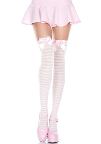 Women's Satin Bow Pink and White Stripe Thigh High