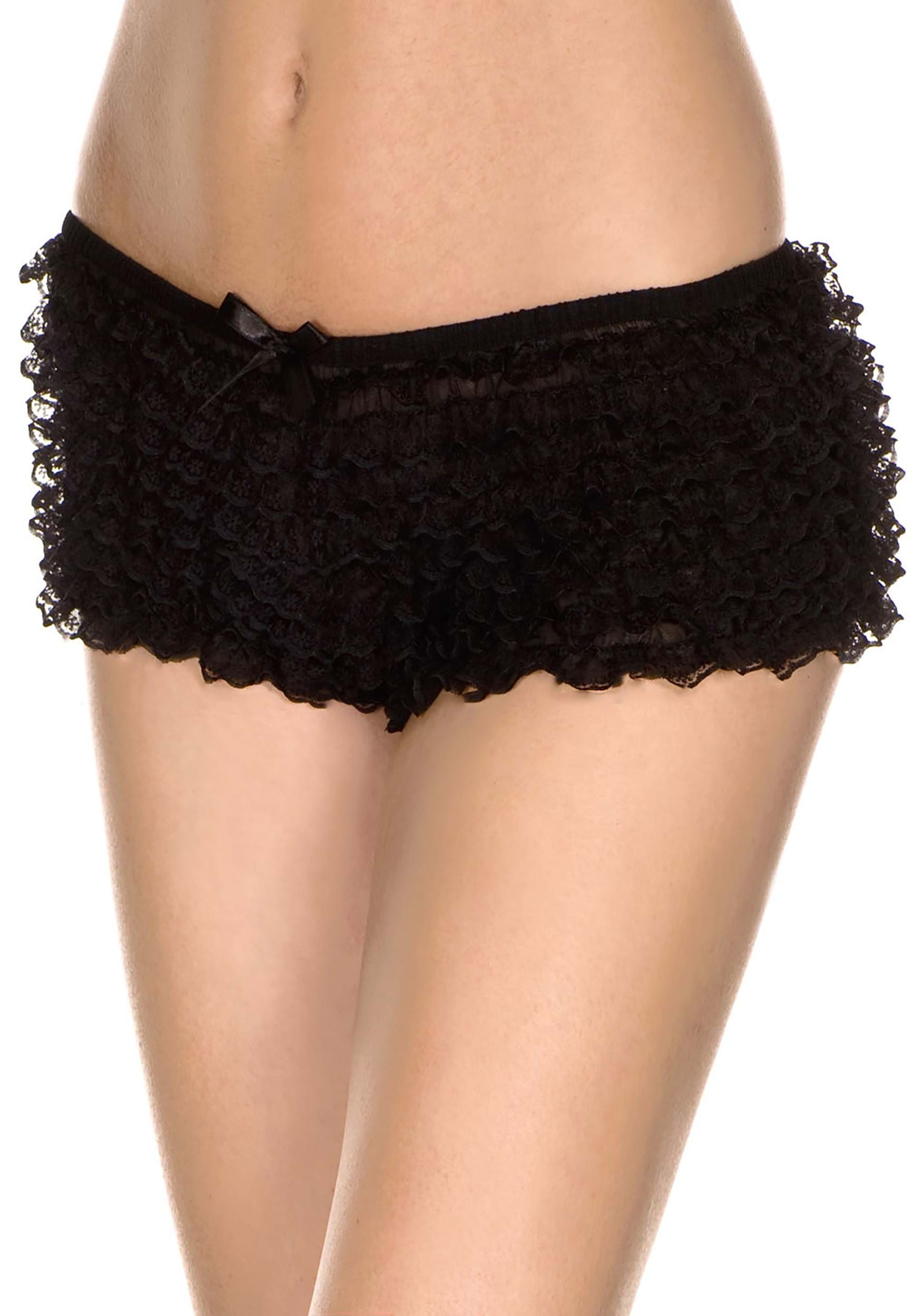Women's Black Micro Lace Ruffle Tanga Shorts