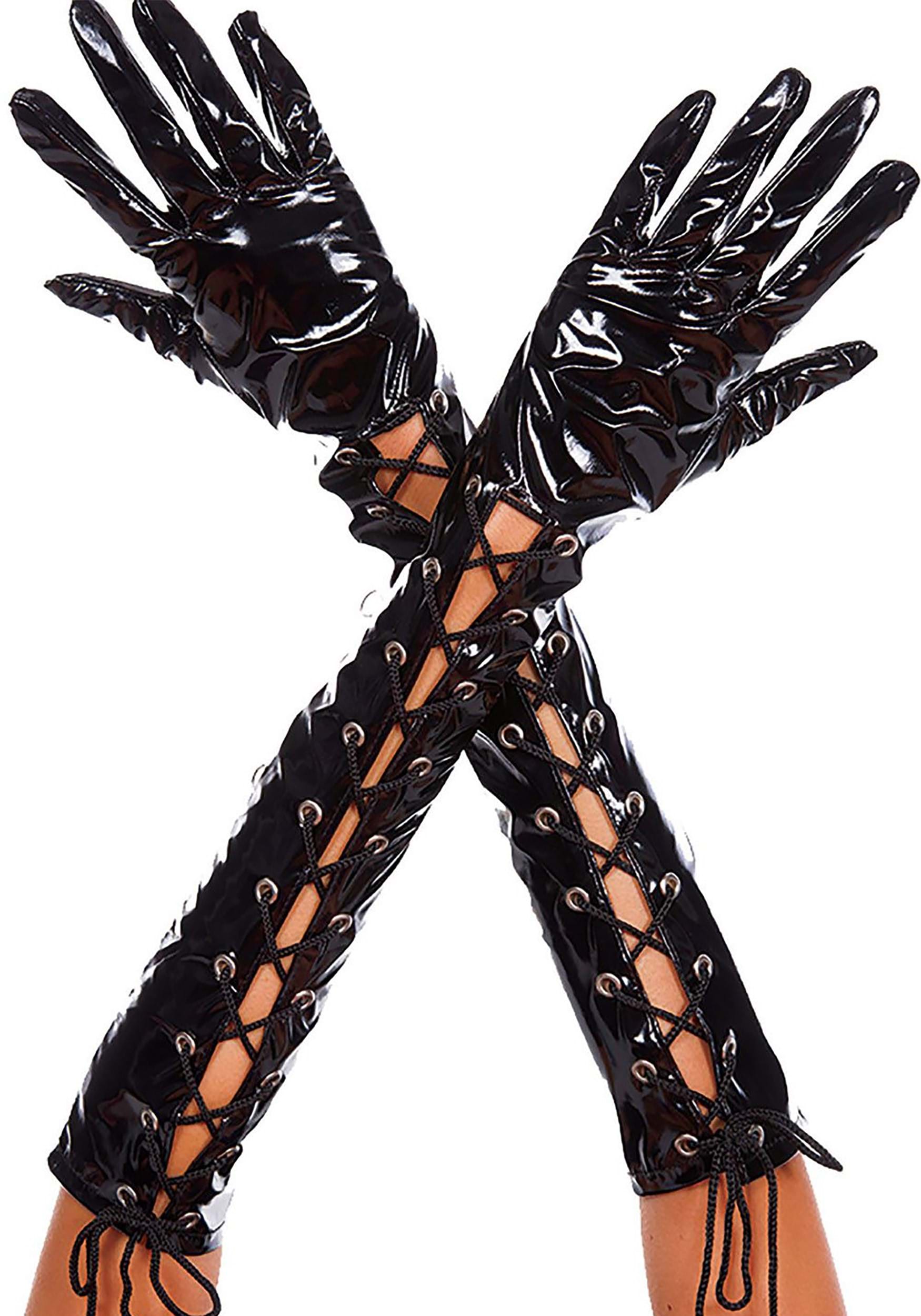 Women's Black Patent Lace Up Costume Gloves , Long Gloves